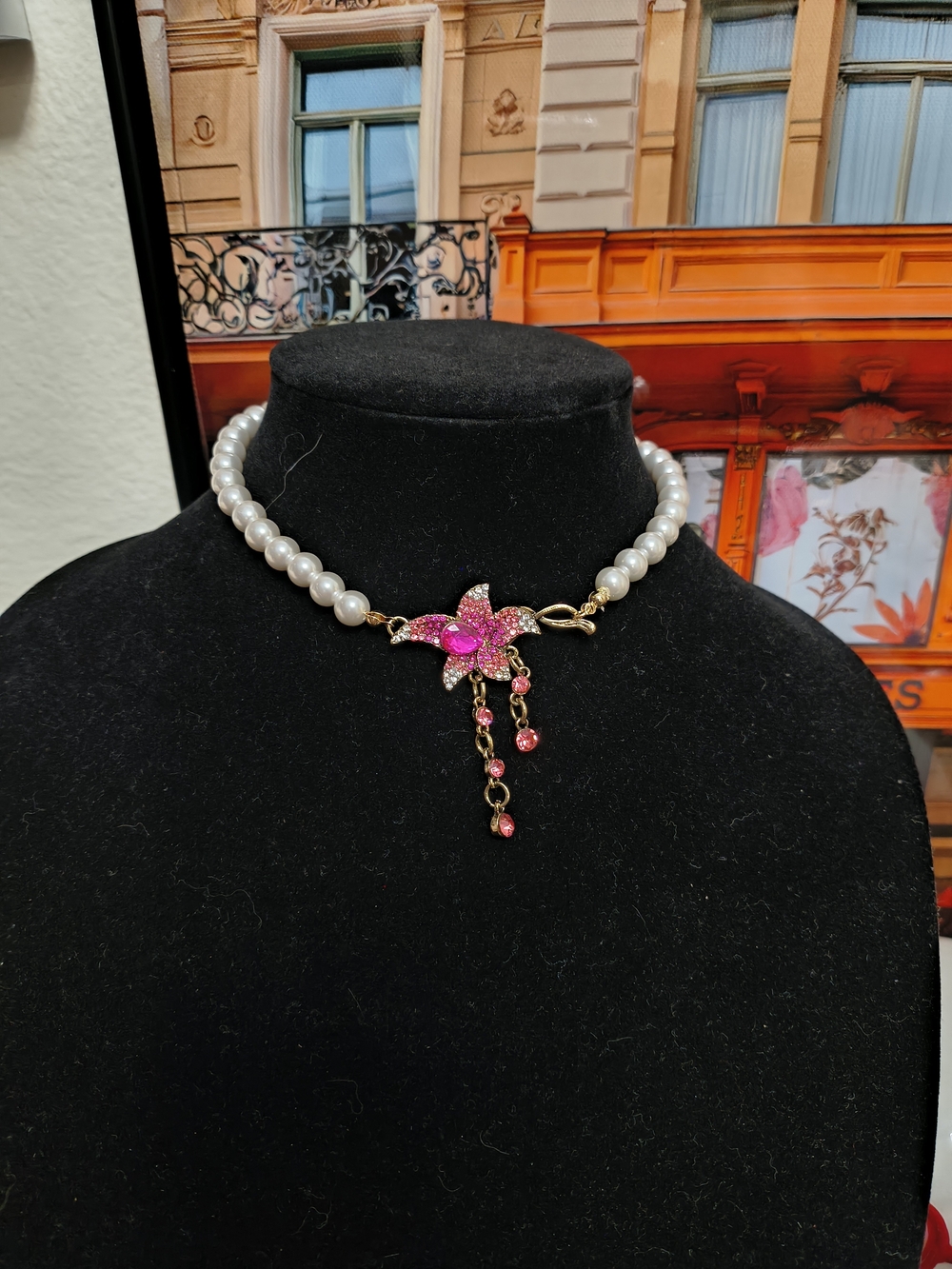 New Pink Lotus Pearl On Gold Choker With Extension